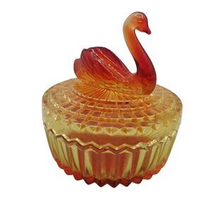 Vintage Jeanette Amberina Glass Powder Dish Swan Lipstick Holder on Lid READ